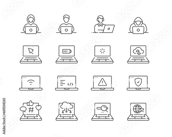 Fototapeta Laptop Computing Icon collection containing 16 editable stroke icons. Perfect for logos, stats and infographics. Edit the thickness of the line in Adobe Illustrator (or any vector capable app).
