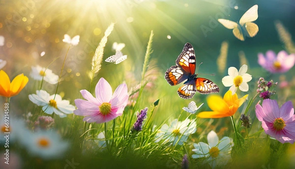 Fototapeta beautiful spring summer background nature with blooming wildflowers wild flowers in grass and two butterflies soaring in nature in rays of sunlight close up spring summer natural landscape