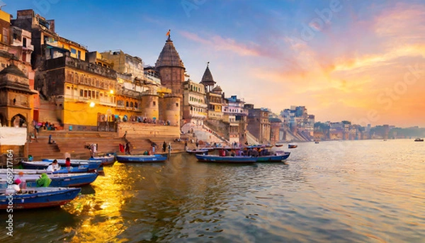 Obraz Miasto Varanasi ze starożytną architekturą widok na święty Manikarnik Ghat w Varanasi India o zachodzie słońca