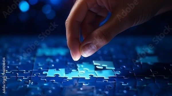 Fototapeta Completing blue jigsaw puzzles with the last piece on light leaked hole gap in dark room by hand background. Business success strategic solutions and problem solving challenge