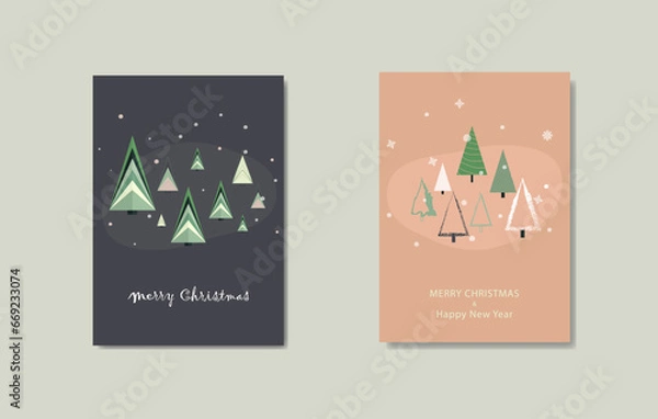 Fototapeta Christmas and New Year greeting cards, Christmas trees in geometric style.