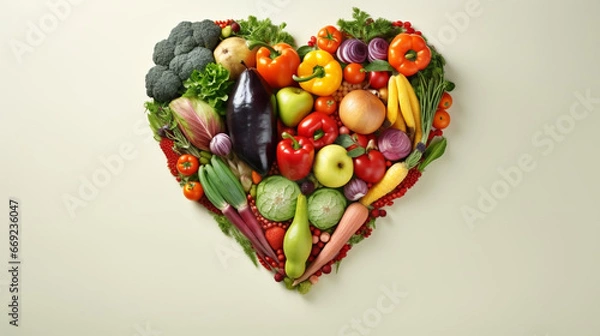 Fototapeta copy space, stockphoto, Human heart made of fruits and vegetables. Healthy food concept.
Fresh healthy food for a healthy lifestyle. Copy space available.
