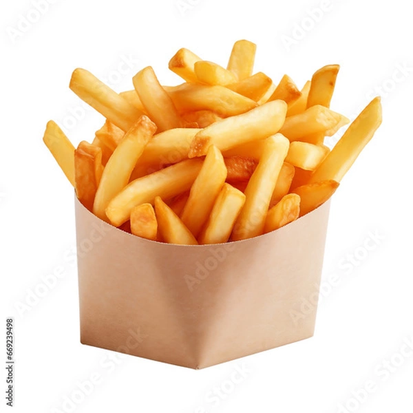 Fototapeta French fries in paper cup isolated on transparent background, tasty fried gold potato chips for menu in carton bag fry box package wrapper, takeaway meal, fast food, junk food, side dish, snack