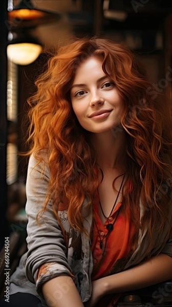 Fototapeta Portrait of smiling mature woman looking at camera with big grin. Successful middle aged woman at home smiling. Beautiful mid adult lady with long red hair enjoying. Generative AI art