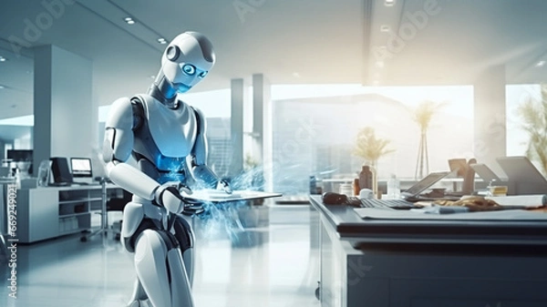 Fototapeta Robot cleans big room, office or laboratory. Professional robot cleaner robotic janitor. 
Artificial intelligence futuristic technology concept