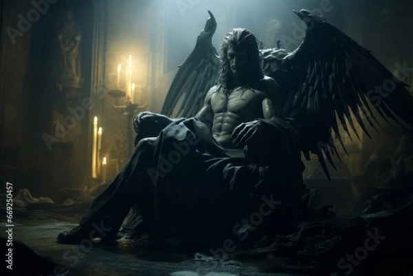 Fototapeta Artistic representation of a fallen angel devil, embodying the complexity of good and evil.

