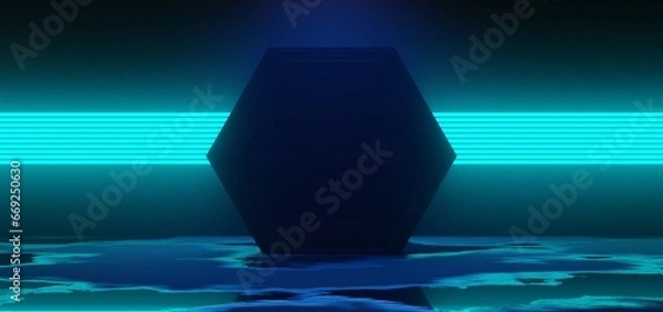 Fototapeta futuristic gaming esports background abstract wallpaper, cyberpunk style scifi game, stage concert scene in pedestal display room, led neon glow light, 3d illustration rendering