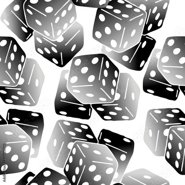 Fototapeta Game dice seamless pattern for textile print, fabric design, digital paper, wrapping, background and backdrop. Try your luck, fortune. Risky activity, casino, bet, gambling, addiction, win or lose.