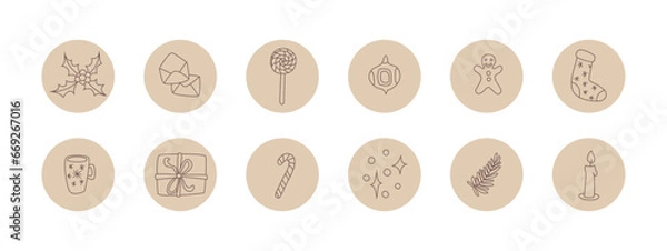 Obraz Vector set of highlights for social media. Christmas elements: holly, gift box, candies, sock, gingerbread man, bulb and sparkles.