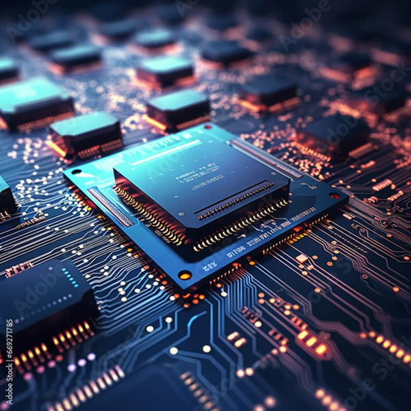 Fototapeta Up close image of computer micro electronics and computer chips on a lit up electronics board