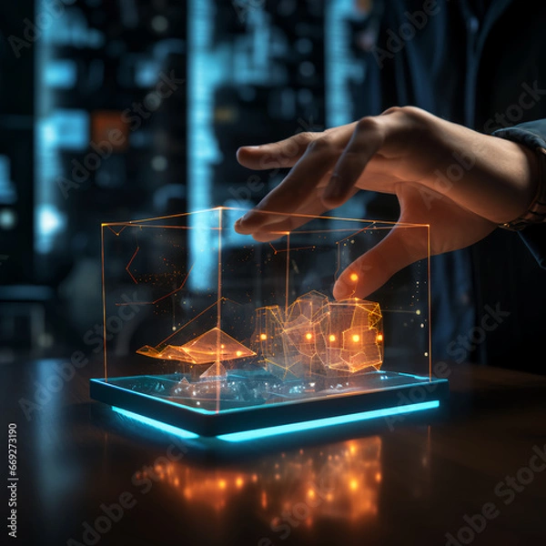 Obraz A persons hand touching a interactive hologram computer display that has glowing lights and shows interactive data