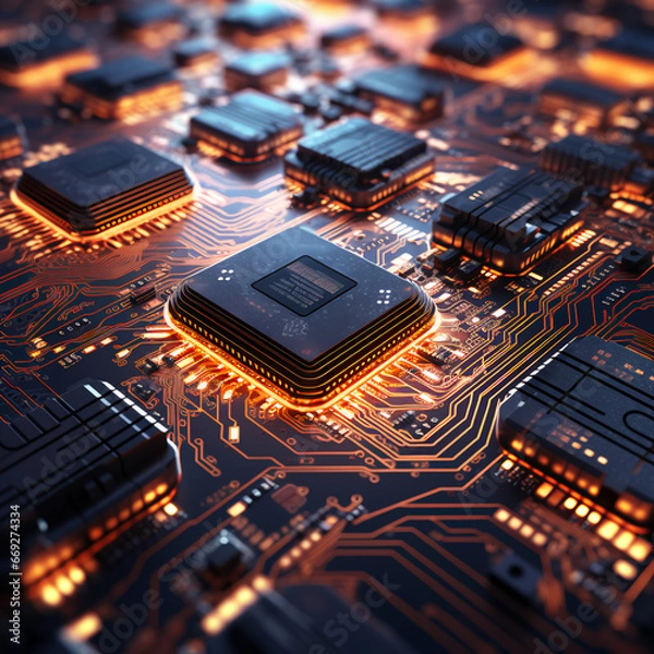 Obraz Up close image of computer micro electronics and computer chips on a lit up electronics board