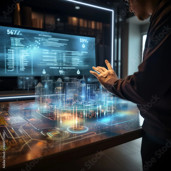 Obraz A persons hand touching a interactive hologram computer display that has glowing lights and shows interactive data