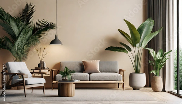 Fototapeta modern living room interior with beige wall, gray and wooden furniture and tropical plants with palm leaves, 3d rendering