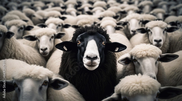 Fototapeta This captivating image captures a black sheep standing out among a group of white sheep against a clean backdrop, representing distinctiveness and diversity.