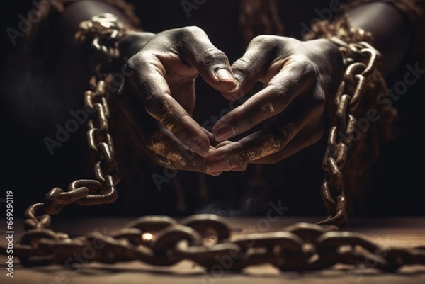 Obraz Slavery, forced use of work against persons will. A global problem. Theft. Chains. Forced ownership. Felony criminal. Captive, human trafficking, serfdom, credit, forced marriage. Shackles on hands.