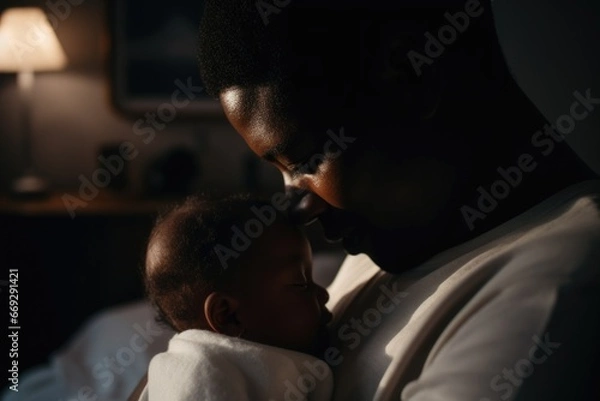 Fototapeta An african american dad taking care of a baby. An infant cradled in father's arms, loving moment of connection with a serene bedroom with a calming atmosphere background. 
