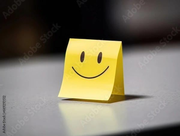 Fototapeta Yellow postit with a smiley face on it. Encouragment and positivity concept, business cheerful mindset. 