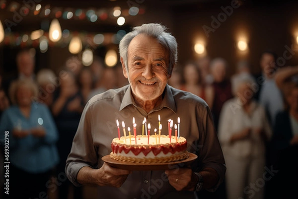 Obraz Elderly man joyfully holds a birthday cake with a crowd in the background. Celebrating with candles in a retirement village