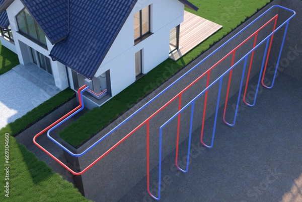Fototapeta Heat Pump, vertical ground source, 3d illustration	