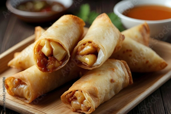Obraz Mouth Watering Chinese Chricken Spring Rolls with Sweet and Sour Dipping Sauce Generative AI