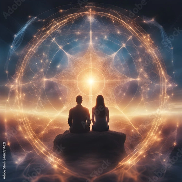 Fototapeta Spiritual Connection Between Two Persons, with electromagnetic connections generated in deep state meditation through astral communication, and Telepathy
