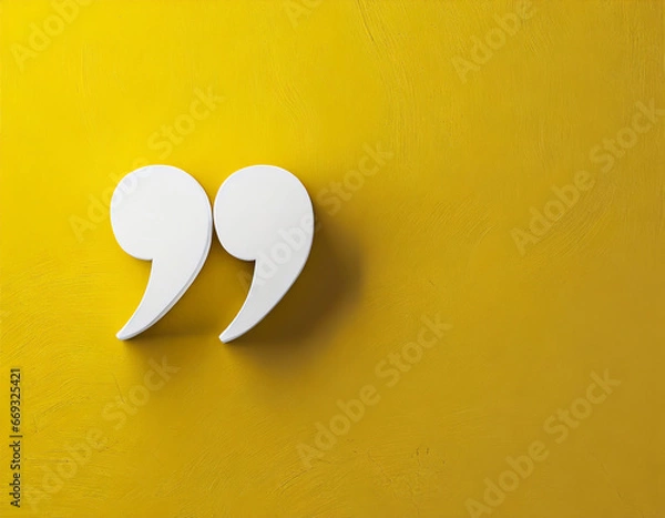 Fototapeta Quotation mark with copy space on yellow background, White quotation mark on yellow wall 3d illustration.