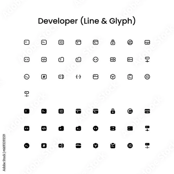 Fototapeta Developer/Coding Outline and Glyph (Solid) Icon Set