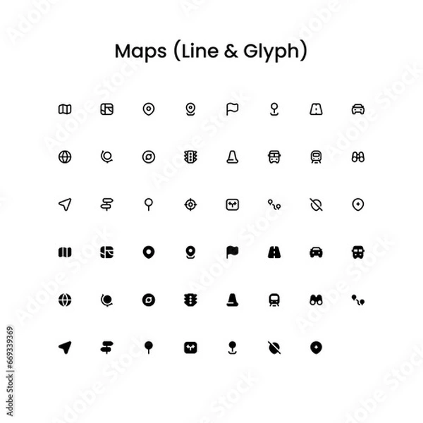 Fototapeta Maps Outline and Glyph (Solid) Icon Set