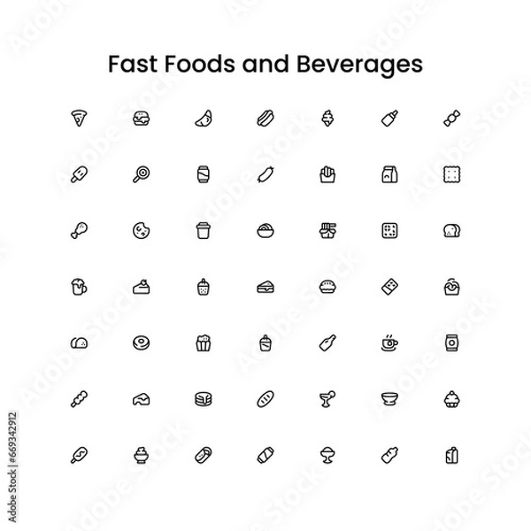 Fototapeta Fast Food and Beverages Outline Icon Set