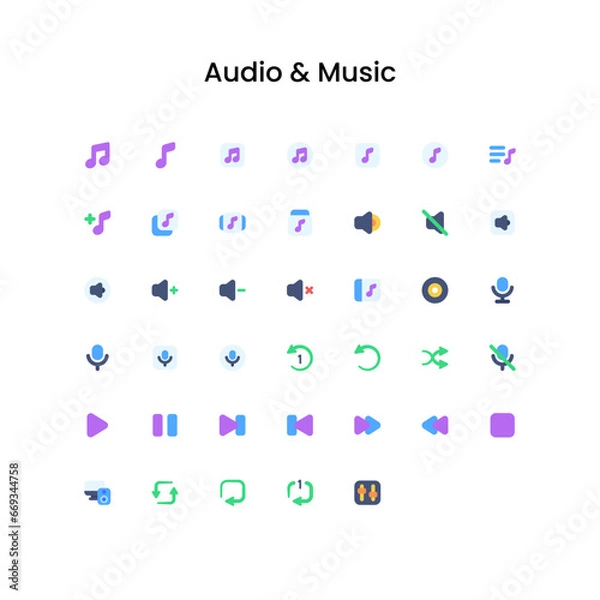 Obraz Audio and Music Flat Icon Set