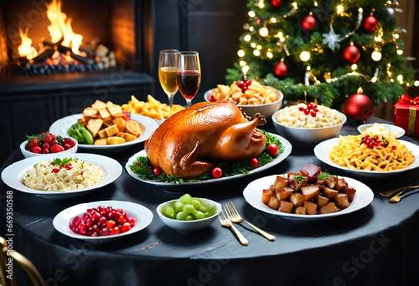 Fototapeta Christmas dinner table. Generative AI