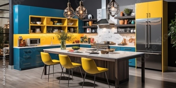 Fototapeta Design a contemporary kitchen with sleek cabinets, stainless steel appliances, and a large island with waterfall counter tops. AI Generative