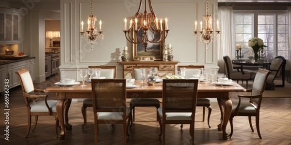 Fototapeta Design a traditional and elegant dining room with a wooden table, upholstered chairs, and a crystal chandelier. AI Generative