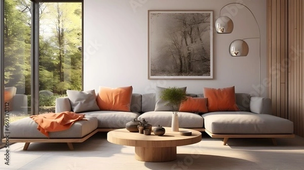 Fototapeta an empty arched room with a couch and a plant, in the style of soft, muted color palette, simplicity, monochromatic color palettes, beige,