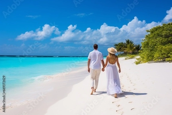 Fototapeta Generative AI : Happy couple in white clothing and with hats walks down a tropical beach