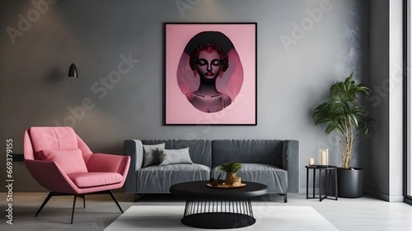 Fototapeta a pink abstract framed print in an empty white living room, in the style of snow scenes, 8k resolution, naturalistic rendering, wood, uhd image, serene and peaceful ambiance