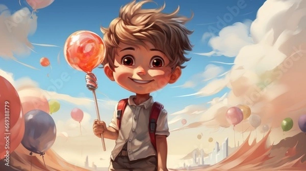 Fototapeta a cartoon character of a little boy with messy blonde hair holding a colorful balloons. AI Generative