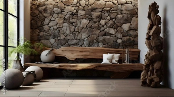 Fototapeta a room with natural furniture and stone walls, in the style of vray tracing, organic and naturalistic compositions, carved wood blocks, outdoor art, wood