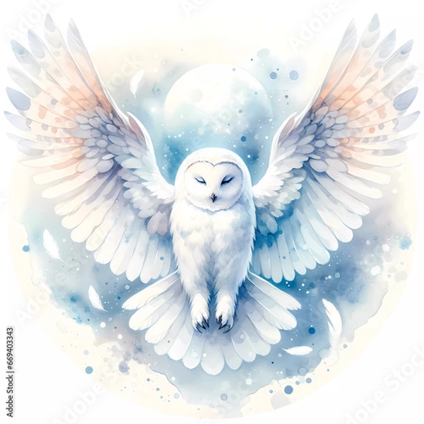 Obraz Watercolor painting of an elegant white owl in flight, surrounded white space background Hedwig Magical