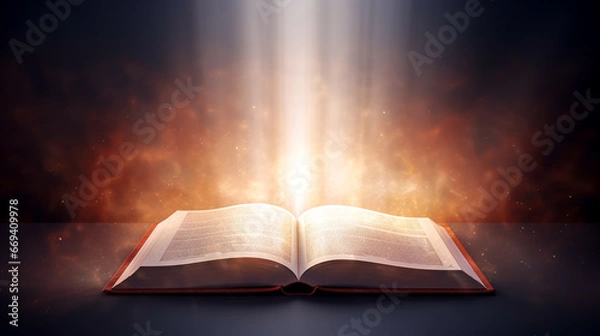 Fototapeta Opened magic book with bright sparkling light rays illuminating the pages.