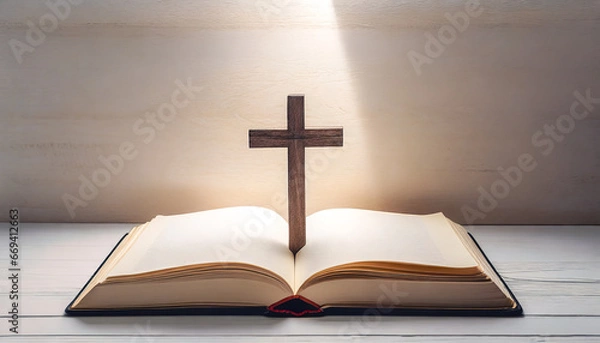 Fototapeta Open book Bible and cross on a light background.