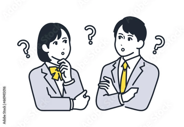 Fototapeta 考える男女の学生のシンプルなベクターイラストセット素材