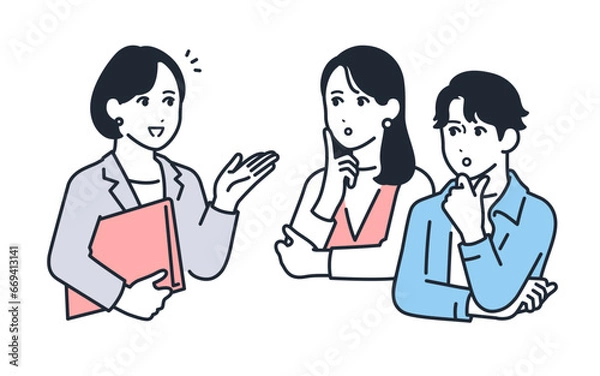 Fototapeta 女性プランナーへ相談をする若い男女のシンプルなベクターイラスト素材