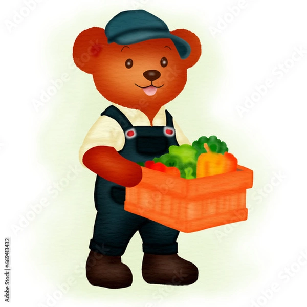 Fototapeta Agriculture concept. Teddy bear cartoon characters in work clothes. Pick up vegetables in farm fields for sale. Vector illustration