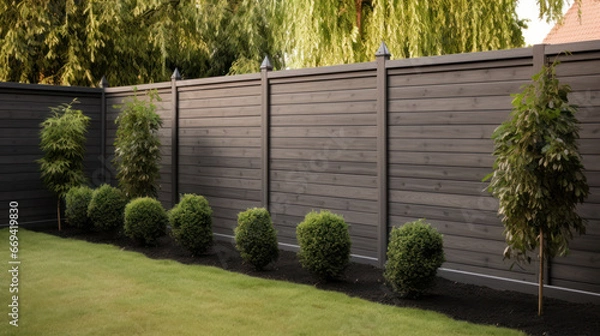 Fototapeta Fenced backyard. View of lawn and blooming flower beds