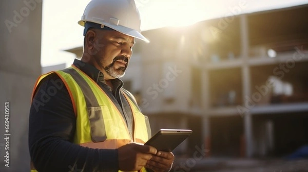 Fototapeta Hispanic man thoughtful wearing safety reflective vest at big construction site holding modern Tablet technology searching, architect engineering middle-aged male working