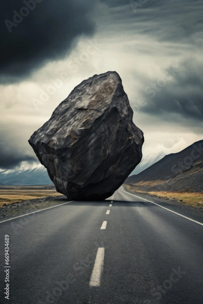 Fototapeta Road is blocked by a land slide of rock and debris to where it is a hazard for drivers in cars. Problems in business and life, concept