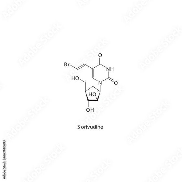 Fototapeta Sorivudine  flat skeletal molecular structure Pyrimidine analogue antiviral drug used in Varicella zoster virus treatment. Vector illustration scientific diagram.