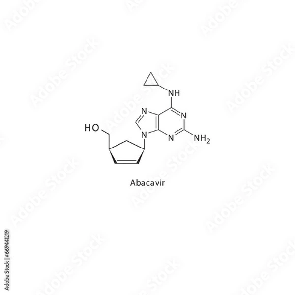 Fototapeta Abacavir flat skeletal molecular structure Reverse-transcriptase inhibitor drug used in HIV treatment. Vector illustration scientific diagram.